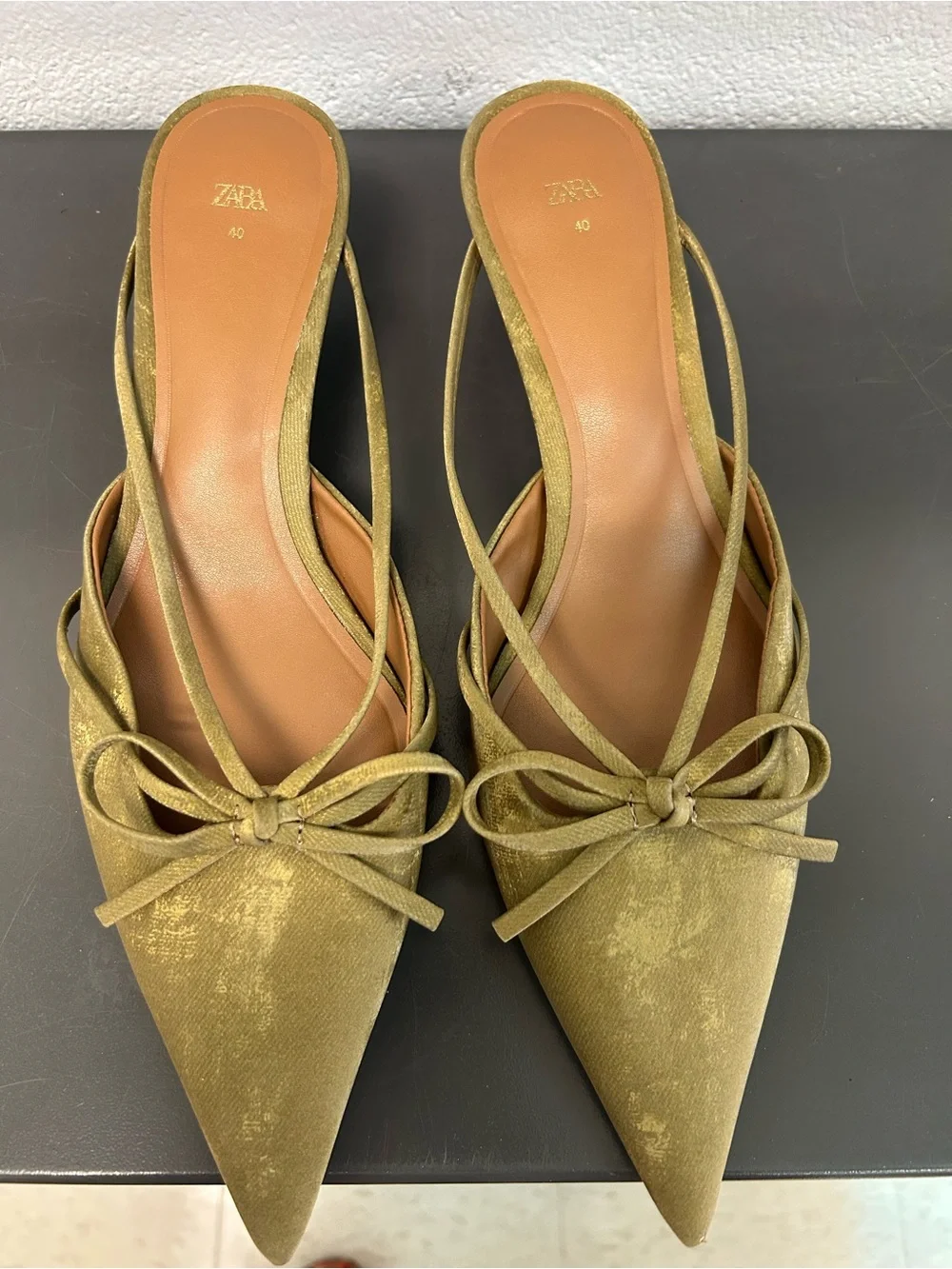 ZARA Olive Green Pointed Toe Bow kittenheel mules 40